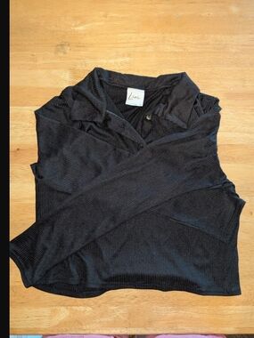 Olivia Rae Black Ribbed Polo Top with Buttoned Collar